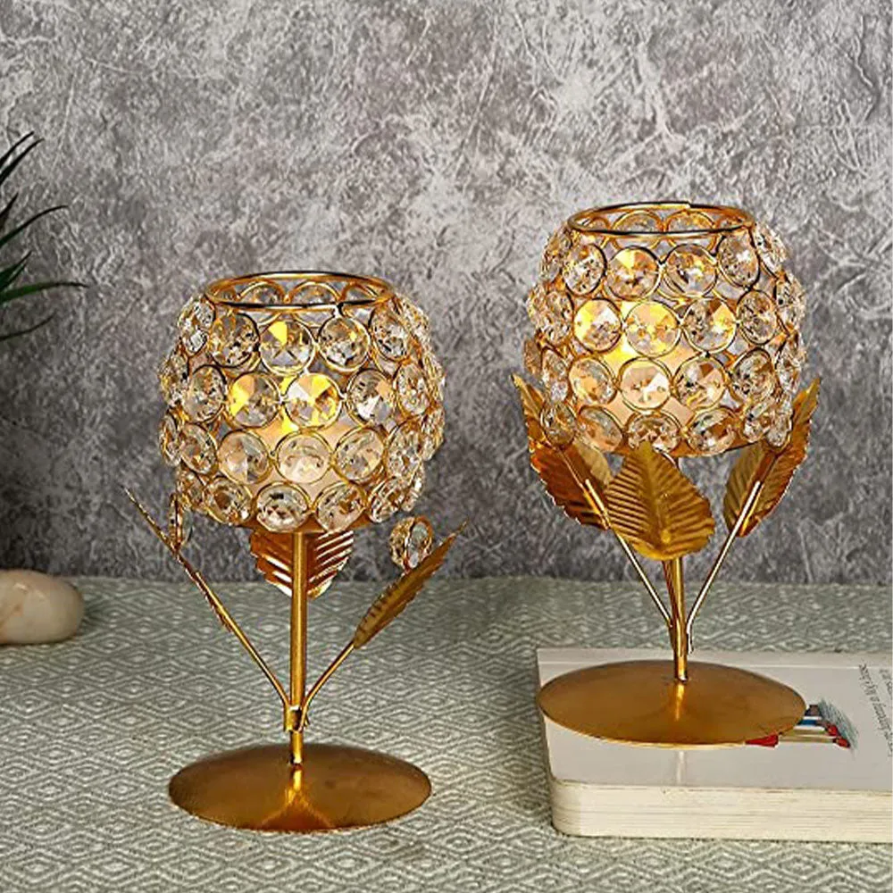 Sparkling Crystal Golden Metal Tea Light Candle Holder