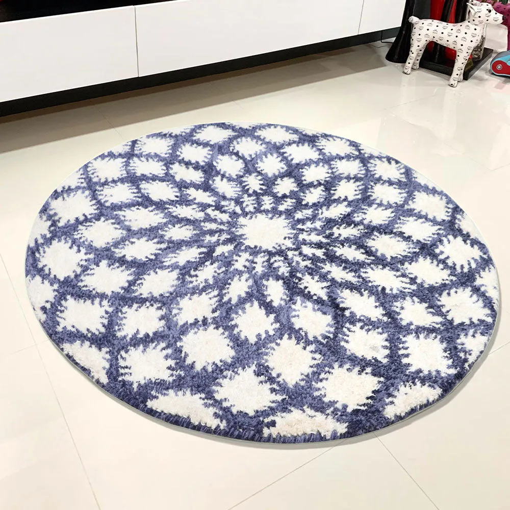 Spiral Blue & White Hand Tufted Round Woolen Carpet