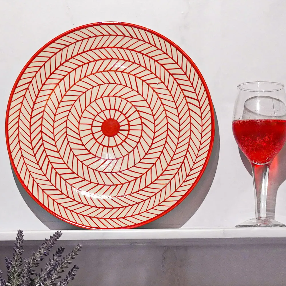 Spiral Fishbone Patterned Ceramic Dinner Plates In Blue & Red Set Of 4