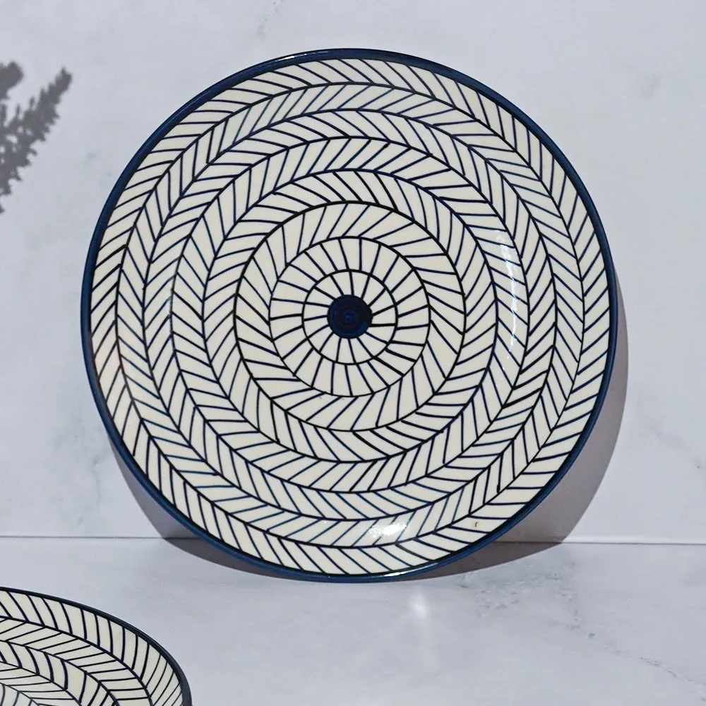 Spiral Fishbone Patterned Ceramic Dinner Plates In Blue & Red Set Of 4