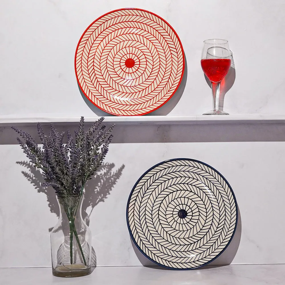 Spiral Fishbone Patterned Ceramic Dinner Plates In Blue & Red Set Of 4