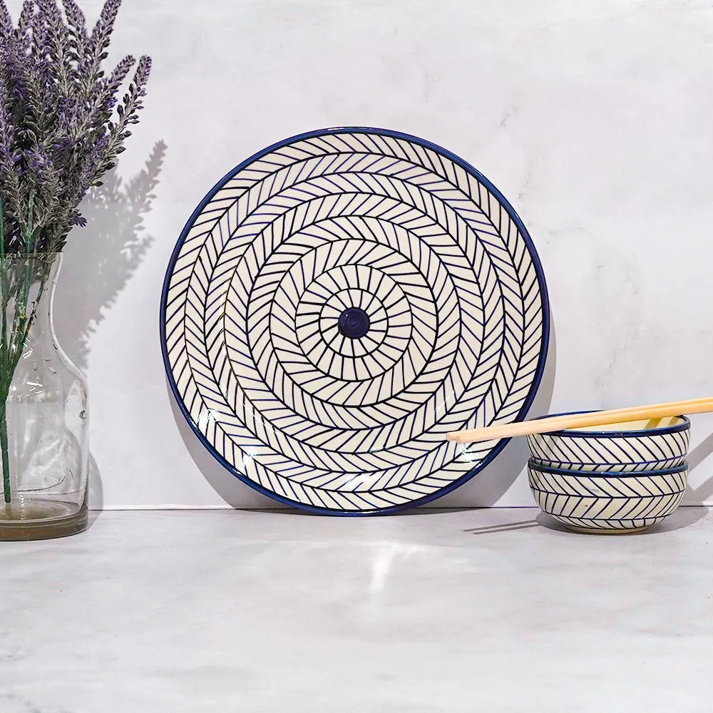 Spiral Fishboned Blue Ceramic Dinner Plate With 2 Bowls Set Of 3