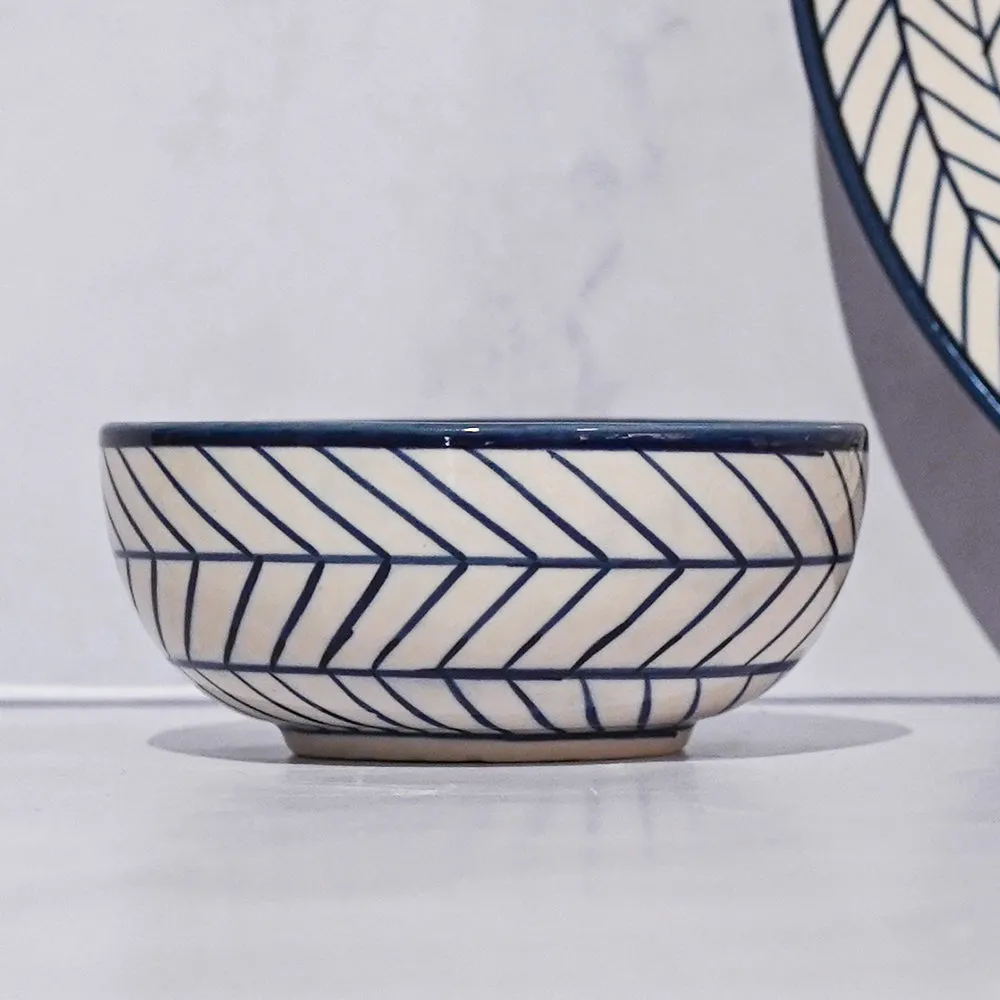 Spiral Fishboned Blue Ceramic Dinner Plate With 2 Bowls Set Of 3