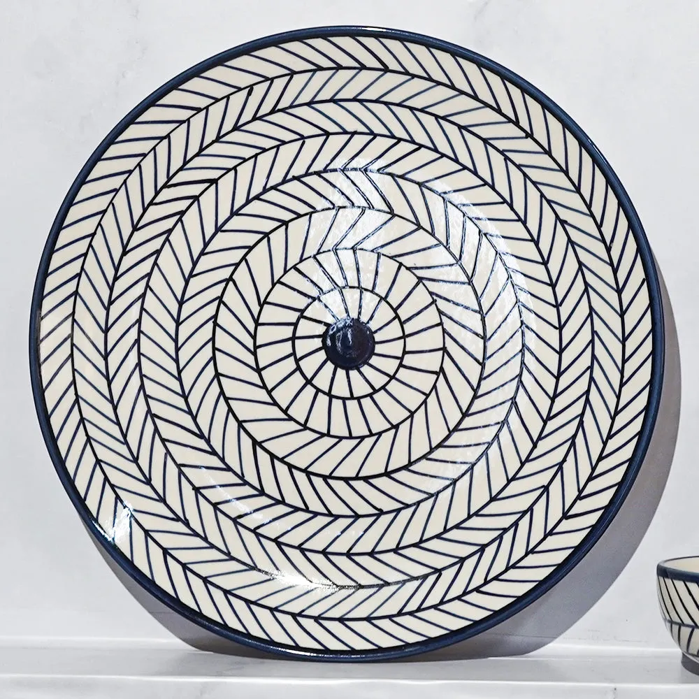 Spiral Fishboned Blue Ceramic Dinner Plate With 2 Bowls Set Of 3