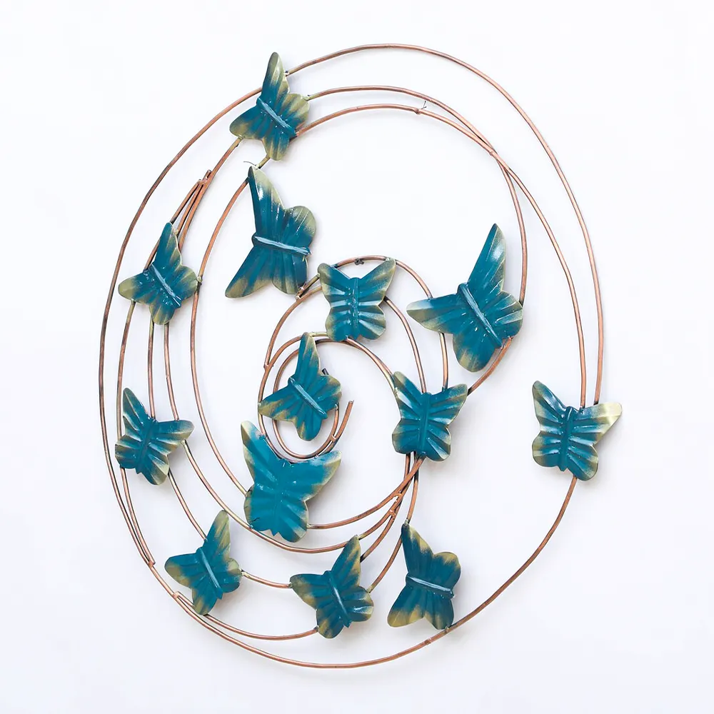 Spiral Golden Edged Blue Butterflies Metal Wall Art