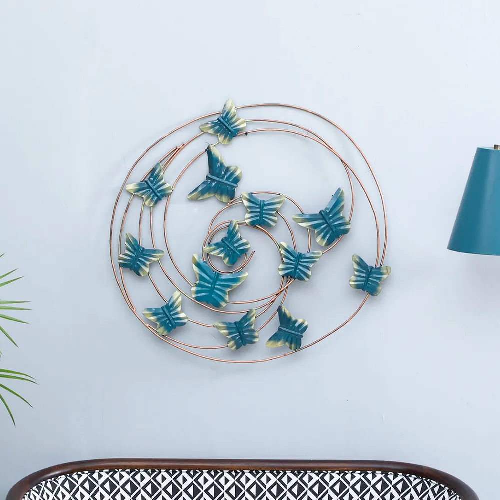 Spiral Golden Edged Blue Butterflies Metal Wall Art
