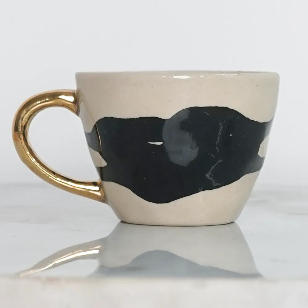 Splash Of Black Ceramic Tea Cups With Gold Handle  Set of 2