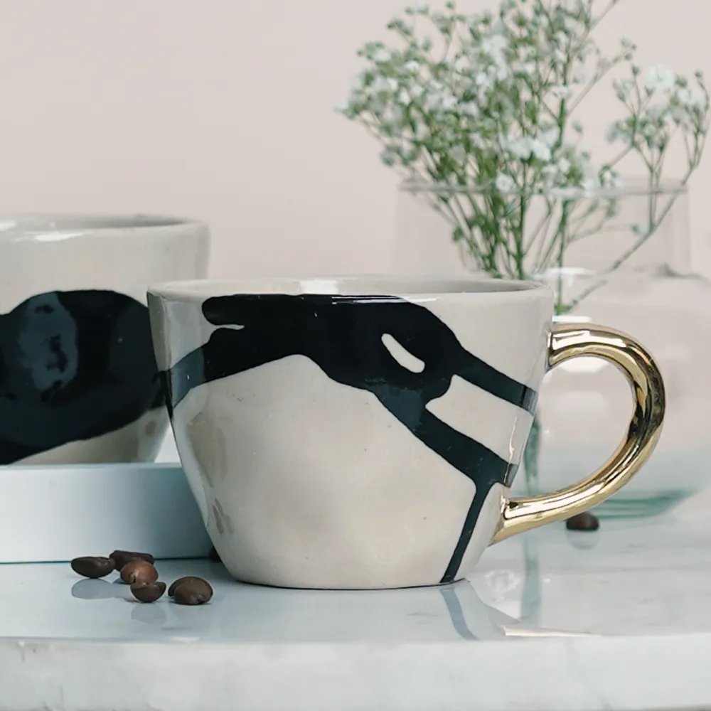 Splash Of Black Ceramic Tea Cups With Gold Handle  Set of 2