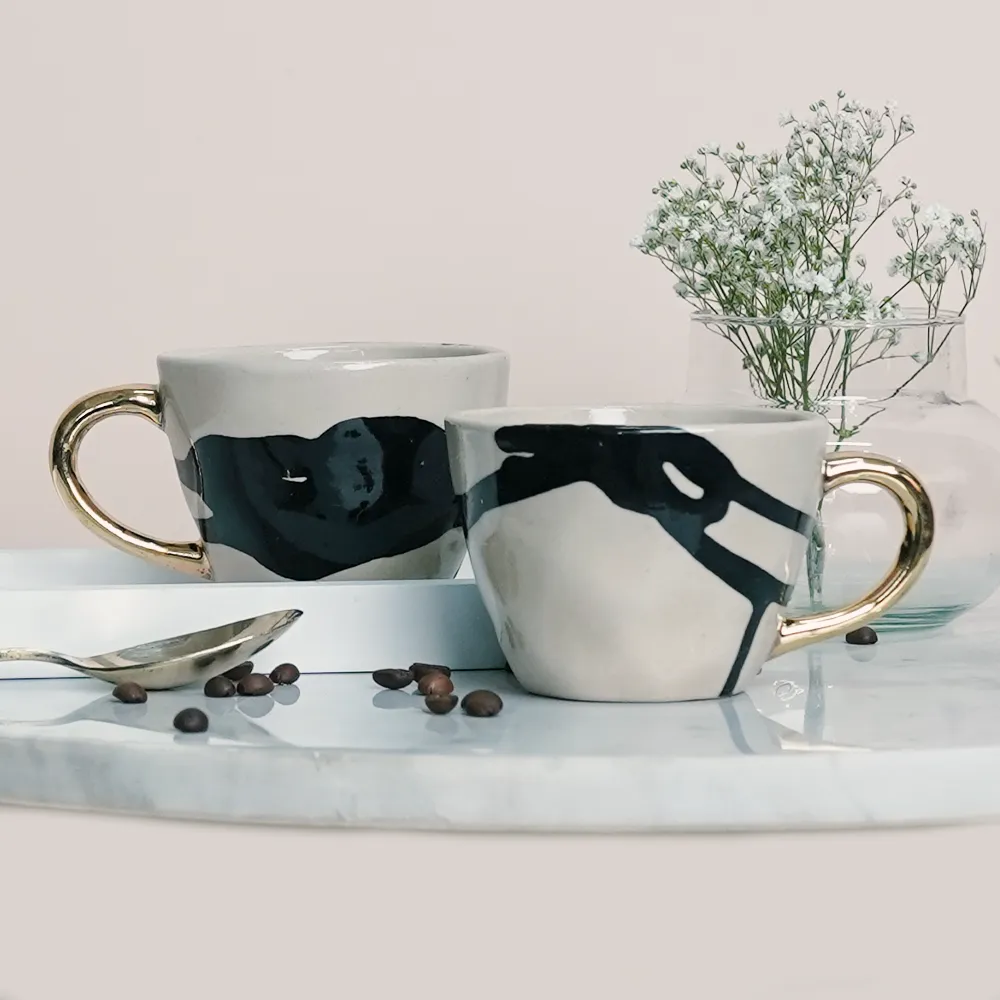 Splash Of Black Ceramic Tea Cups With Gold Handle  Set of 2