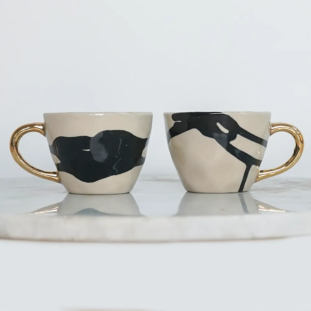 Splash Of Black Ceramic Tea Cups With Gold Handle  Set of 2