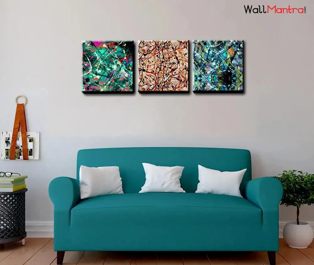 Splatter  Abstract Design Canvas Printed Painting  Frame Set of 3 Size: 18 inch (W) X 18 inch (H) each panel