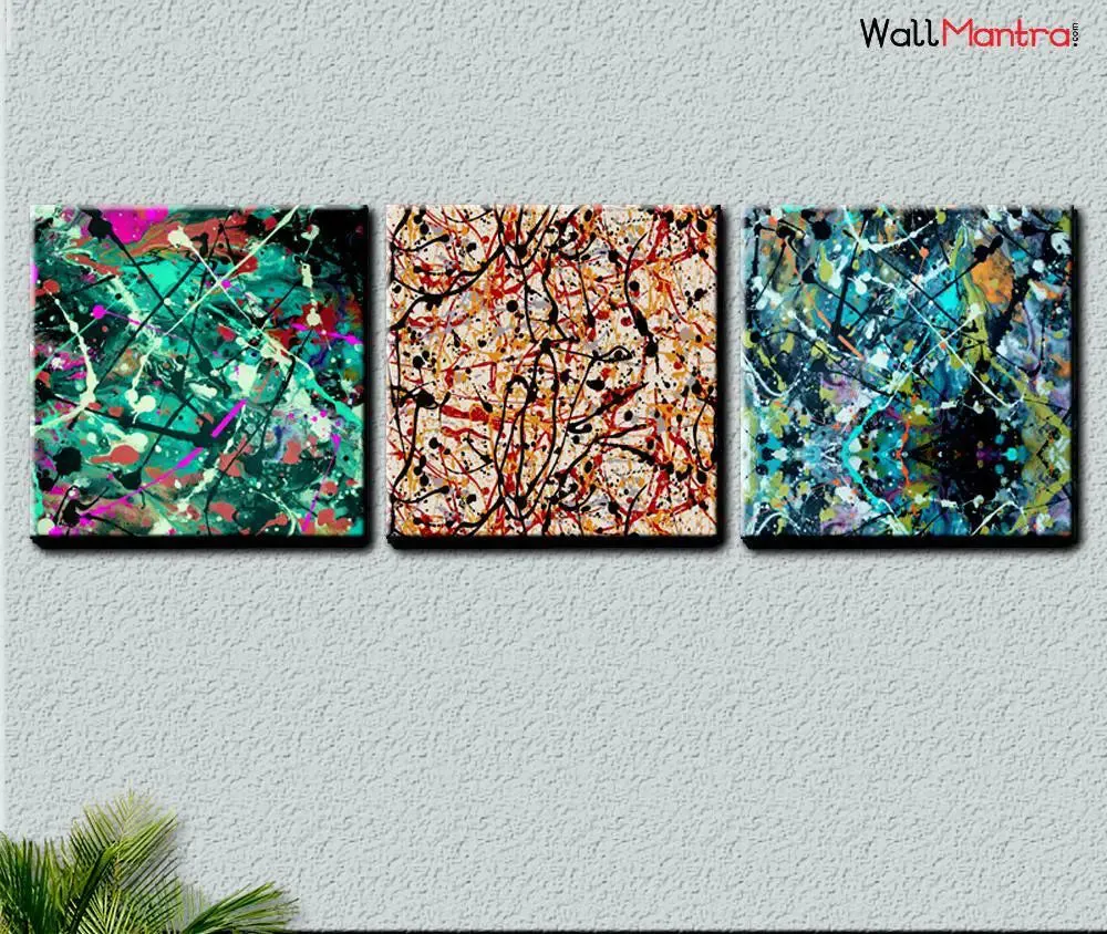 Splatter  Abstract Design Canvas Printed Painting  Frame Set of 3 Size: 18 inch (W) X 18 inch (H) each panel