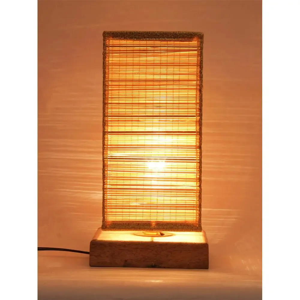 Square Bamboo Shade with Square Wood Base Table Lamp