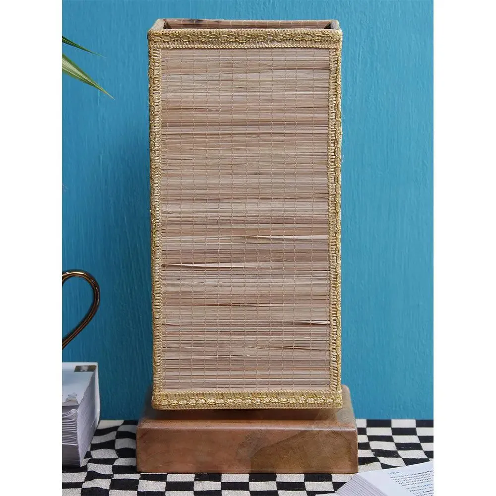 Square Bamboo Shade with Square Wood Base Table Lamp