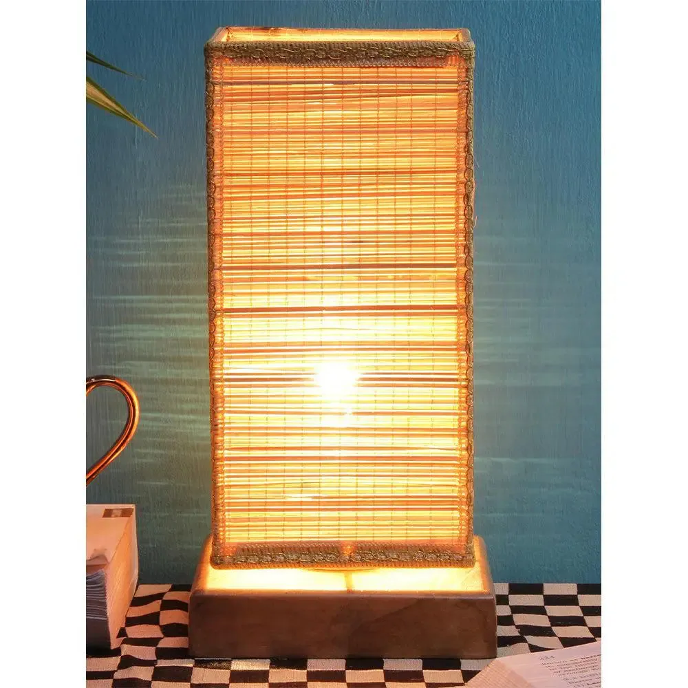 Square Bamboo Shade with Square Wood Base Table Lamp