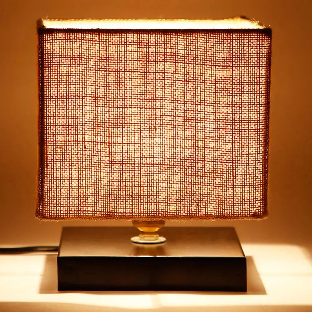 Square Beige Jute Shade Table Lamp with Iron Base Single Piece