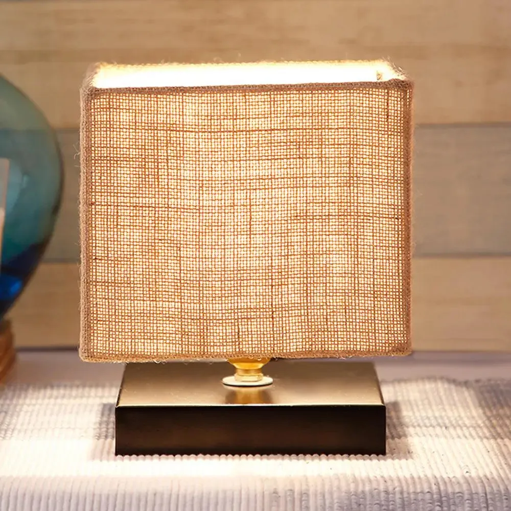 Square Beige Jute Shade Table Lamp with Iron Base Single Piece