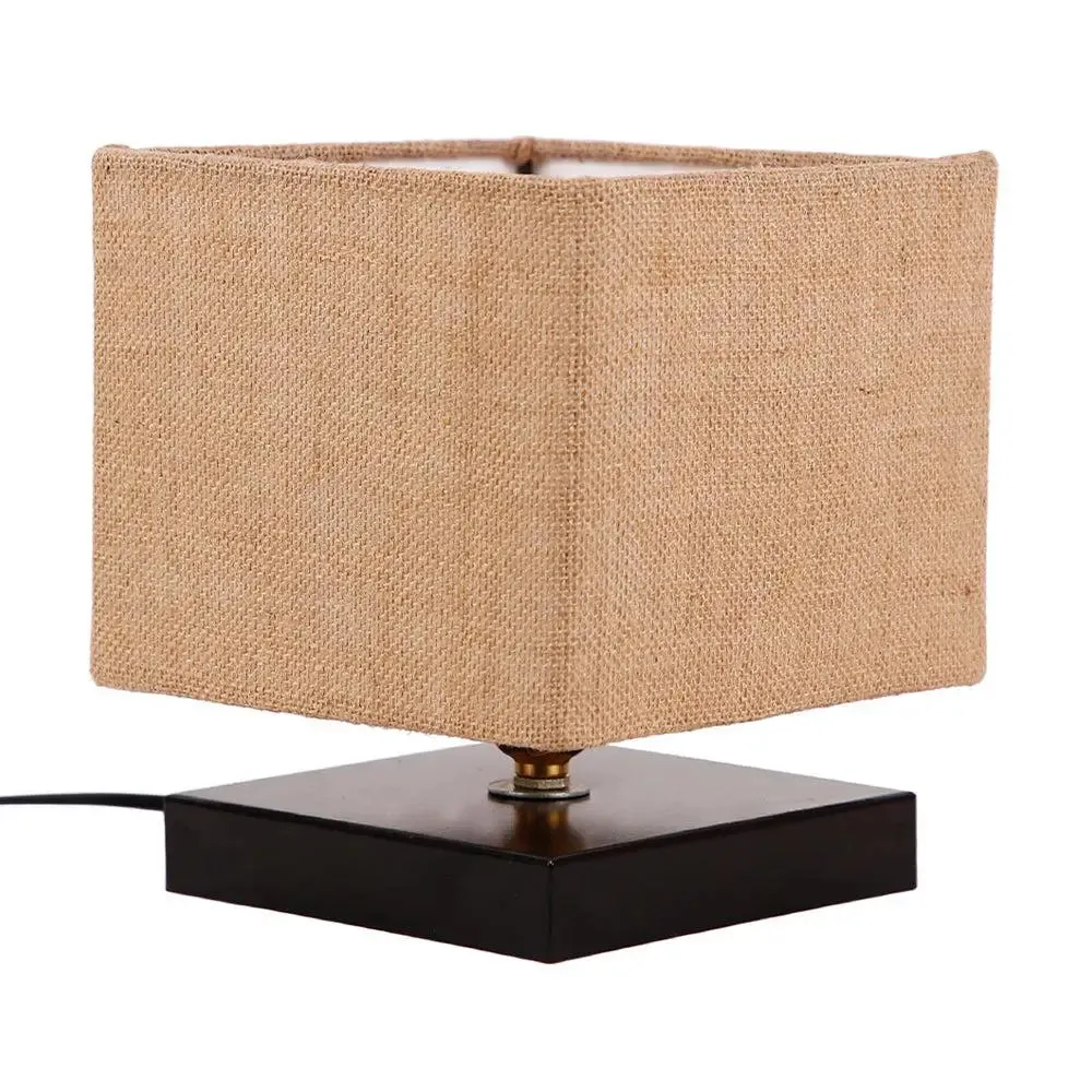 Square Beige Jute Shade Table Lamp with Iron Base Single Piece