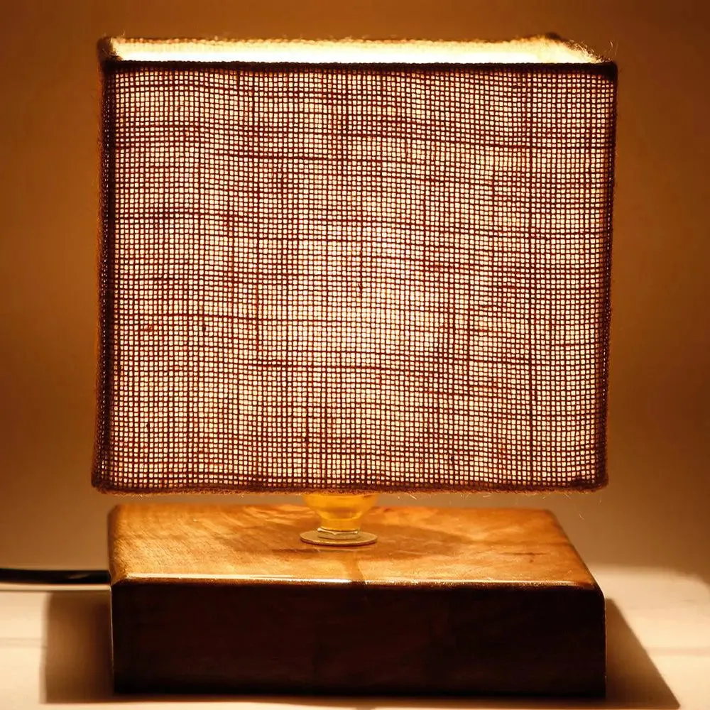 Square Beige Jute Shade Table Lamp with Wood Base Single Piece