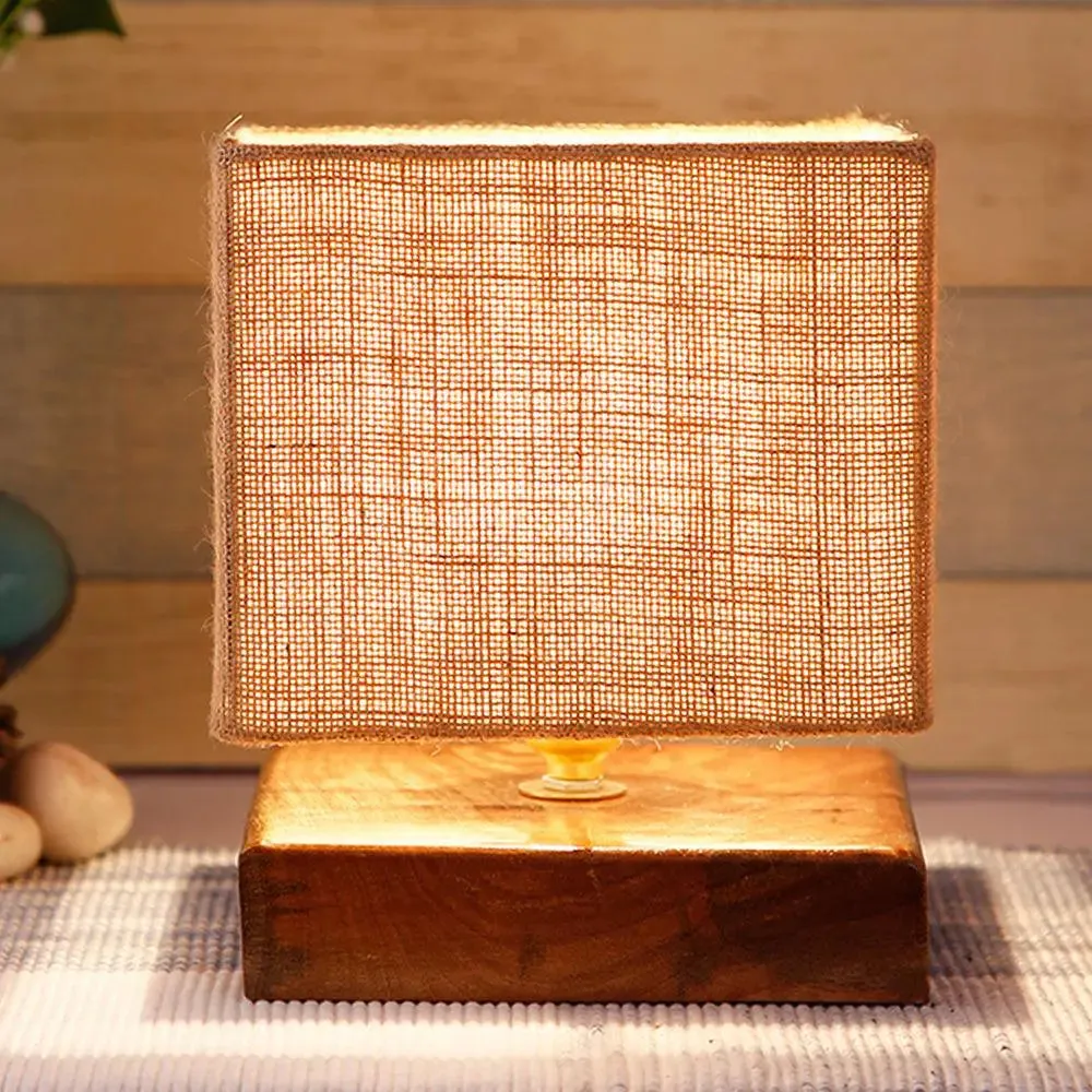 Square Beige Jute Shade Table Lamp with Wood Base Single Piece