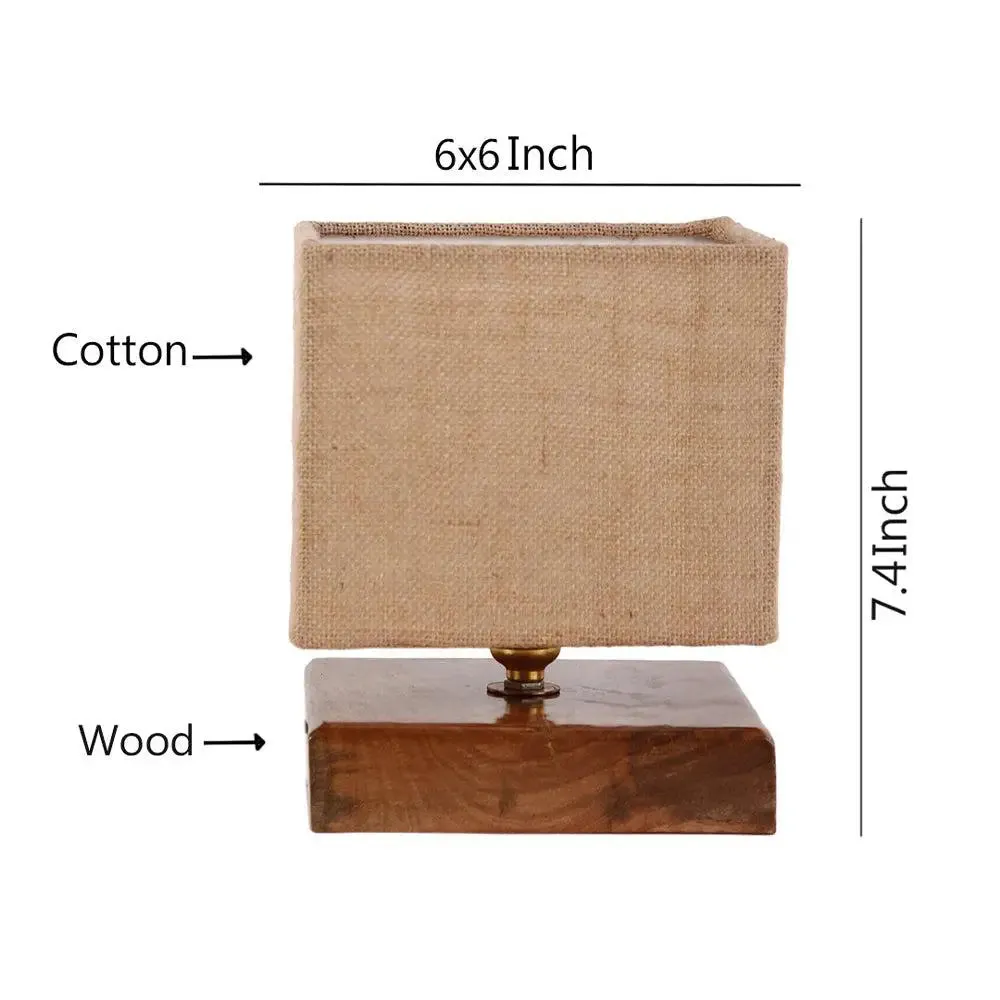 Square Beige Jute Shade Table Lamp with Wood Base Single Piece