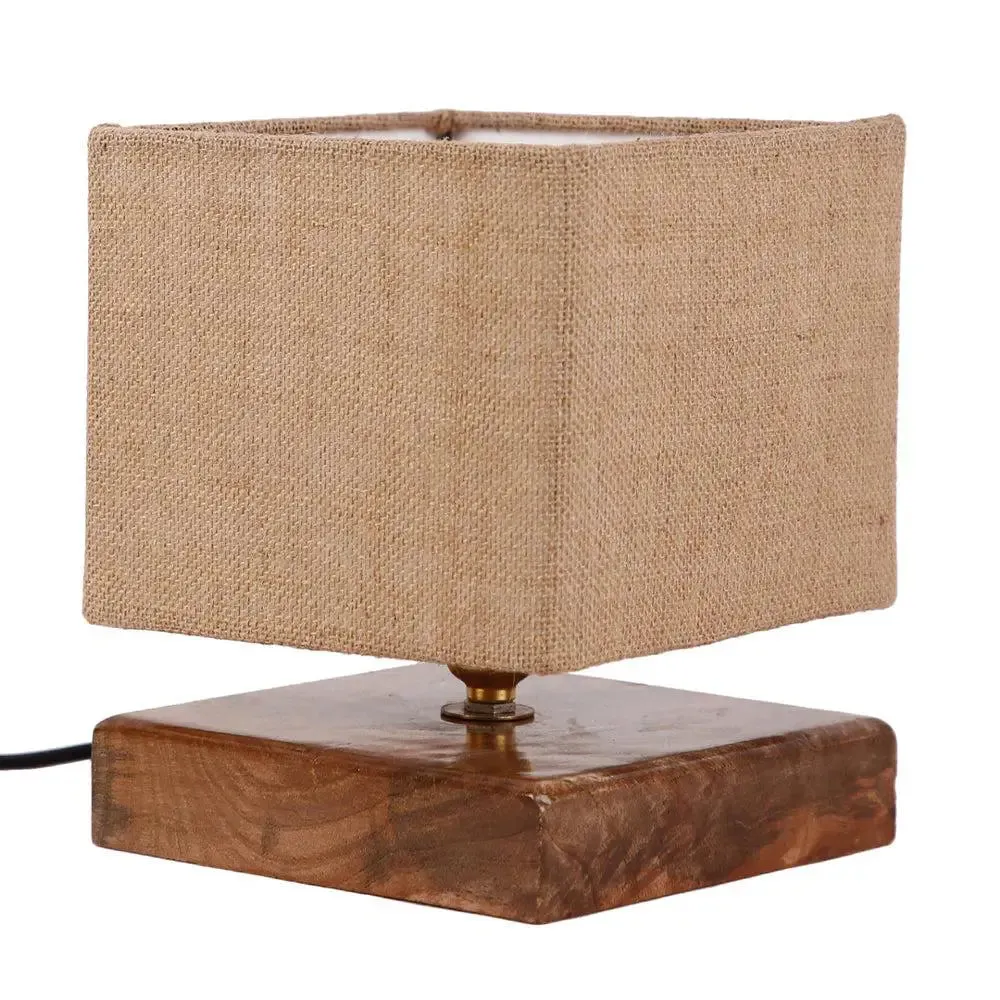 Square Beige Jute Shade Table Lamp with Wood Base Single Piece