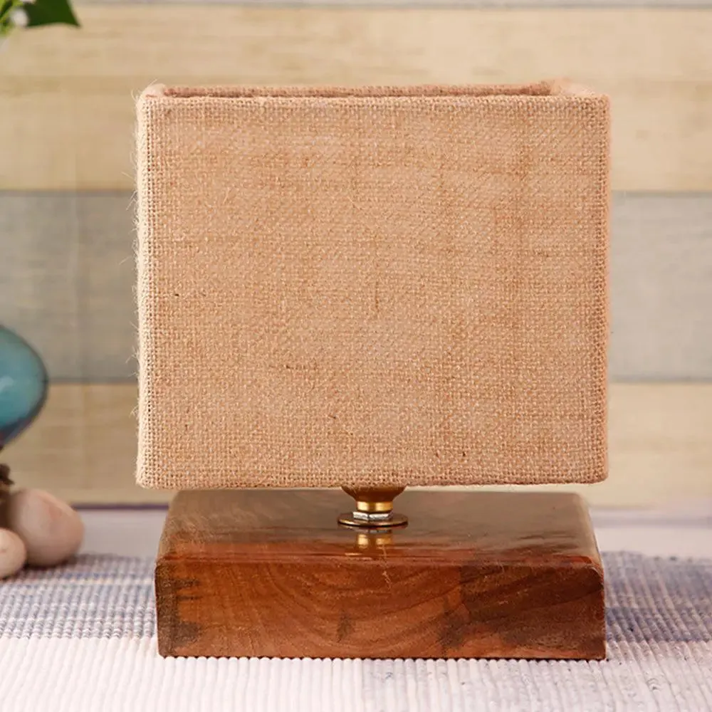 Square Beige Jute Shade Table Lamp with Wood Base Single Piece