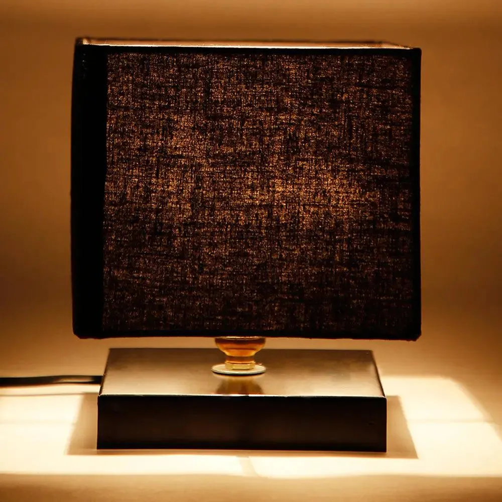 Square Black Cotton Shade Table Lamp with Iron Base Single Piece