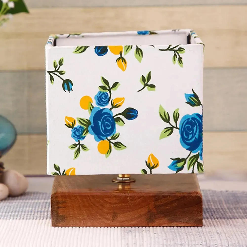 Square Blue Floral Cotton Shade Table Lamp with Wood Base Single Piece