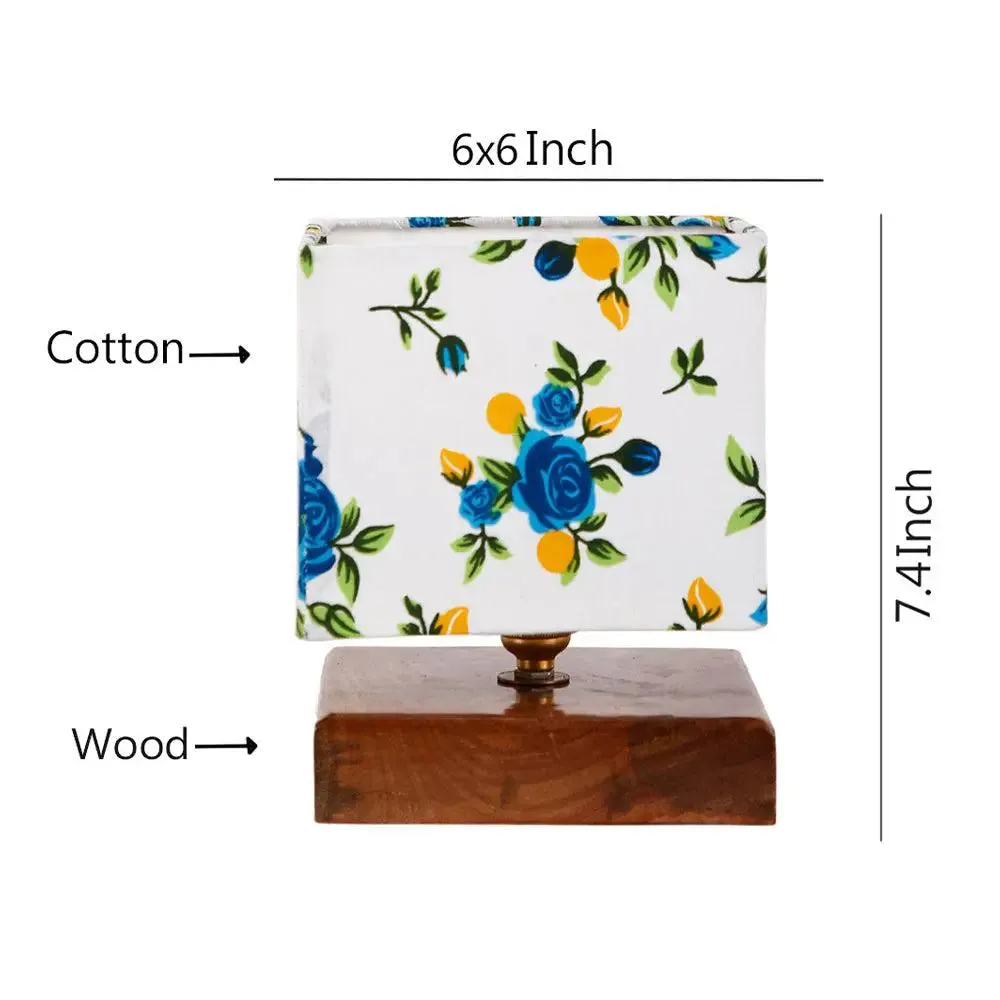 Square Blue Floral Cotton Shade Table Lamp with Wood Base Single Piece