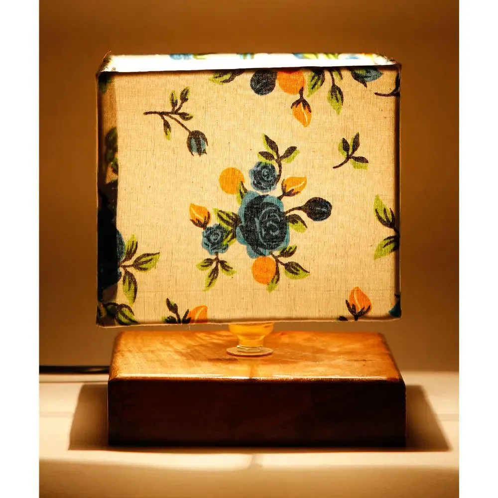 Square Blue Floral Cotton Shade Table Lamp with Wood Base Single Piece