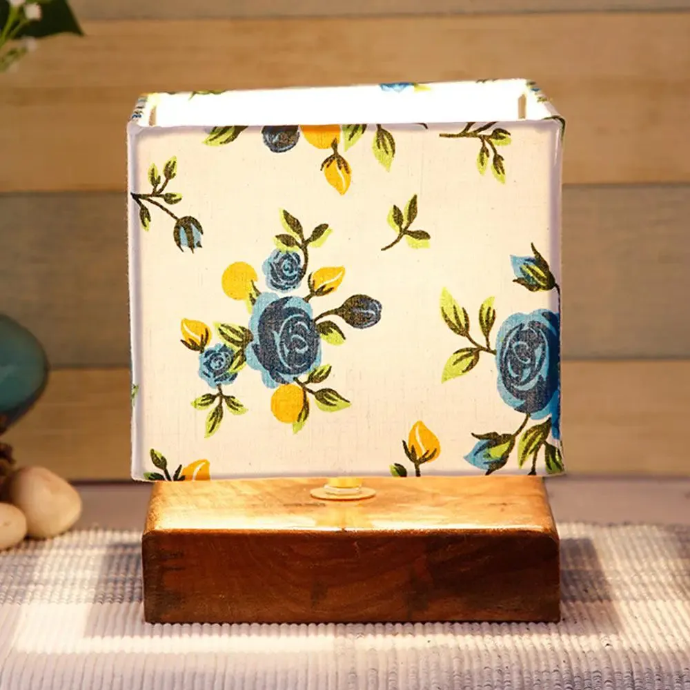 Square Blue Floral Cotton Shade Table Lamp with Wood Base Single Piece