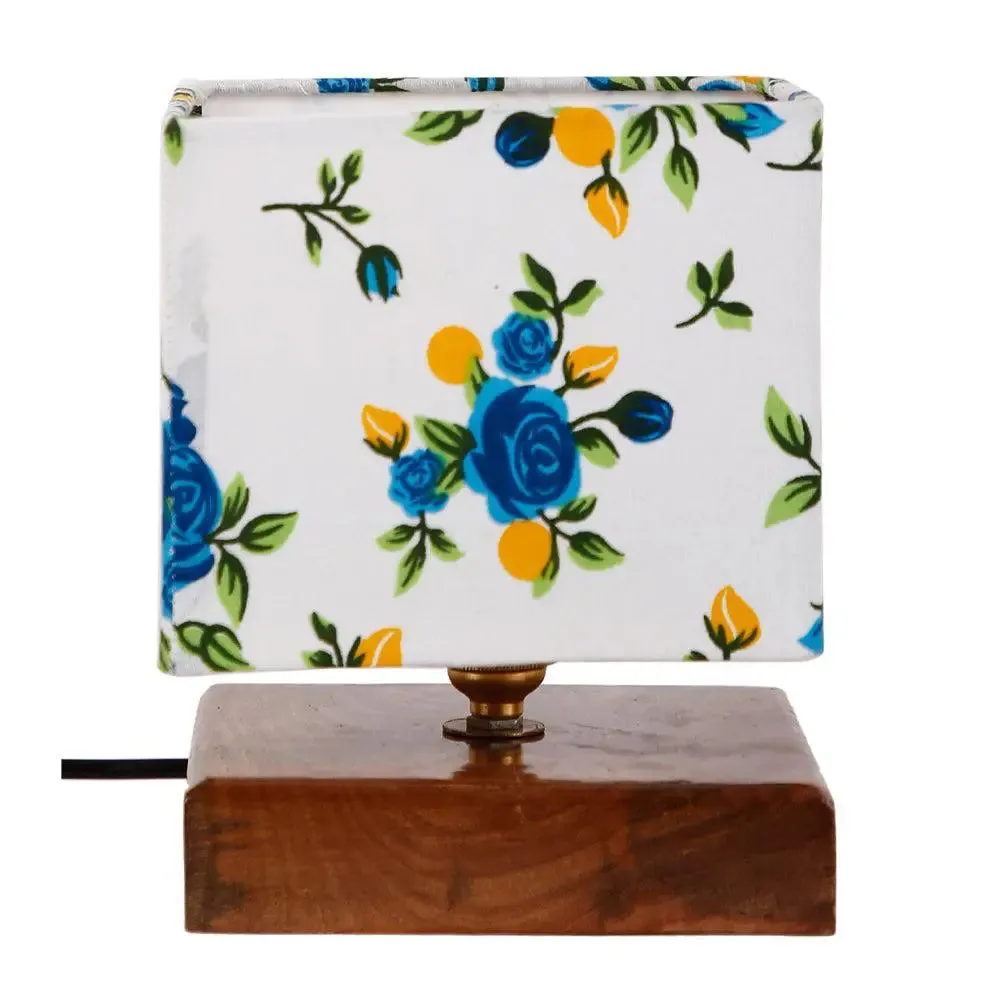 Square Blue Floral Cotton Shade Table Lamp with Wood Base Single Piece