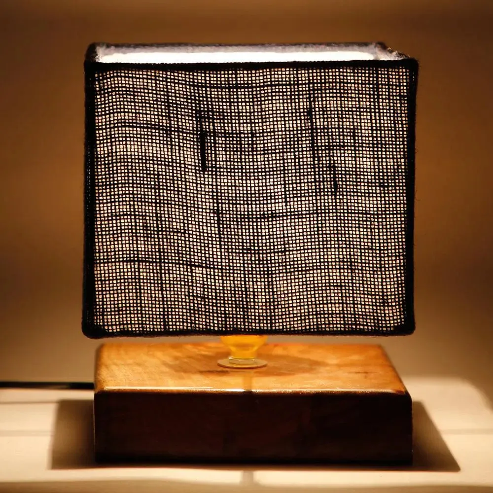 Square Blue Jute Shade Table Lamp with Wood Base Single Piece