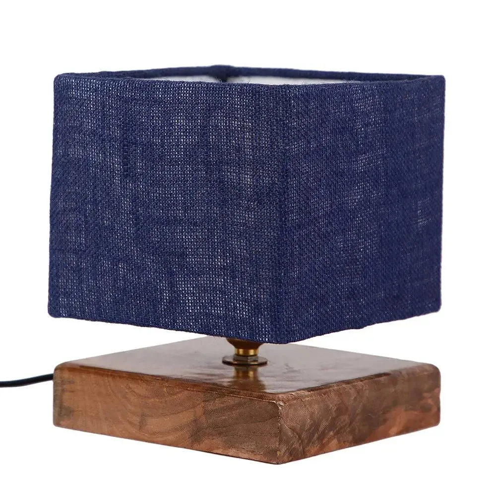 Square Blue Jute Shade Table Lamp with Wood Base Single Piece
