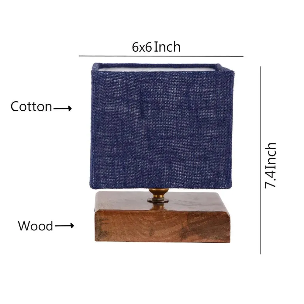 Square Blue Jute Shade Table Lamp with Wood Base Single Piece