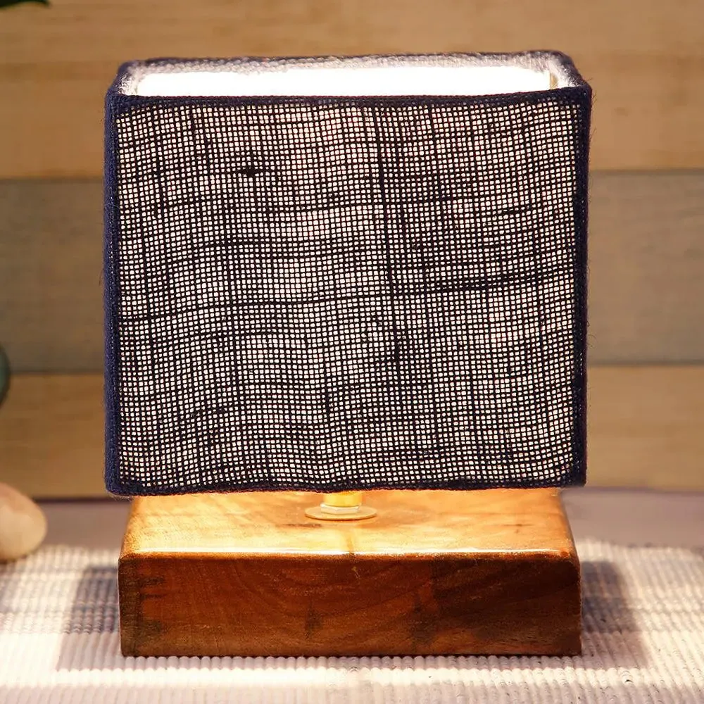 Square Blue Jute Shade Table Lamp with Wood Base Single Piece