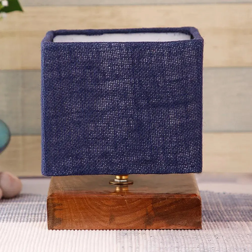 Square Blue Jute Shade Table Lamp with Wood Base Single Piece