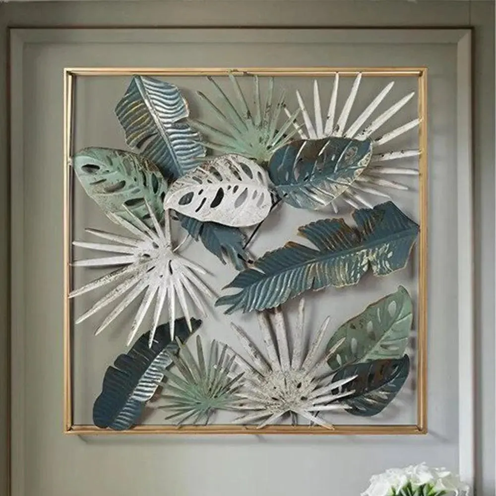 Square Frame Elaeagnus Angustifolia And Lupin Leaves Metal Wall Art Decor for Living Room