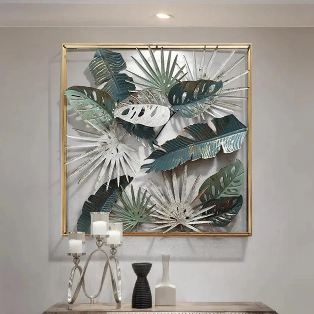 Square Frame Elaeagnus Angustifolia And Lupin Leaves Metal Wall Art Decor for Living Room