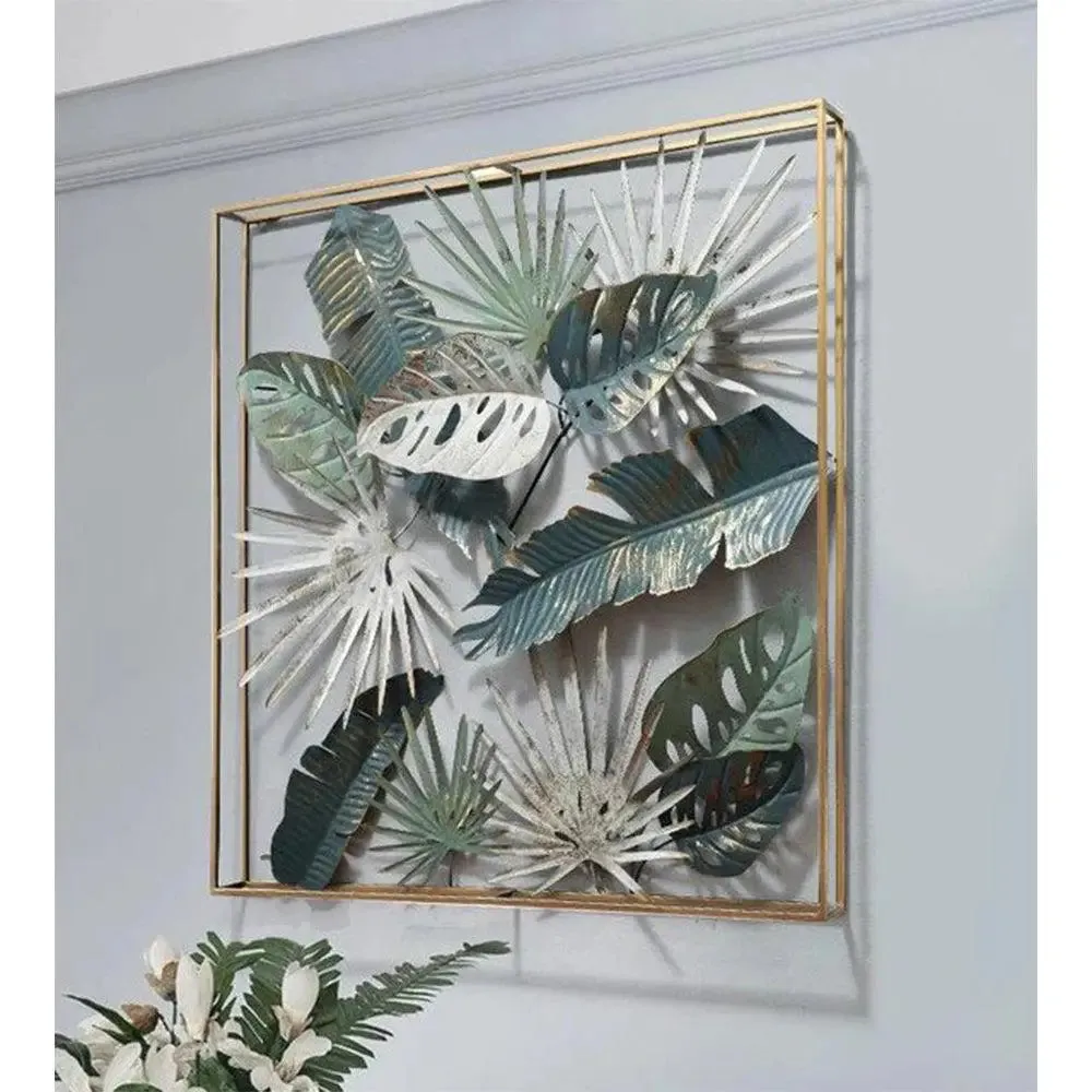 Square Frame Elaeagnus Angustifolia And Lupin Leaves Metal Wall Art Decor for Living Room