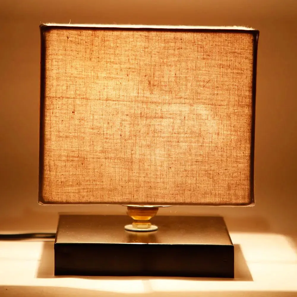 Square Grey Cotton Shade Table Lamp with Iron Base Single Piece