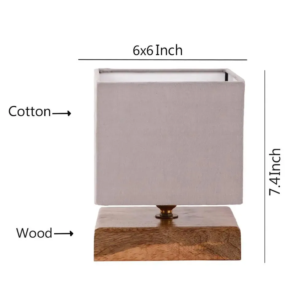 Square Grey Cotton Shade Table Lamp with Iron Wood Base Single Piece