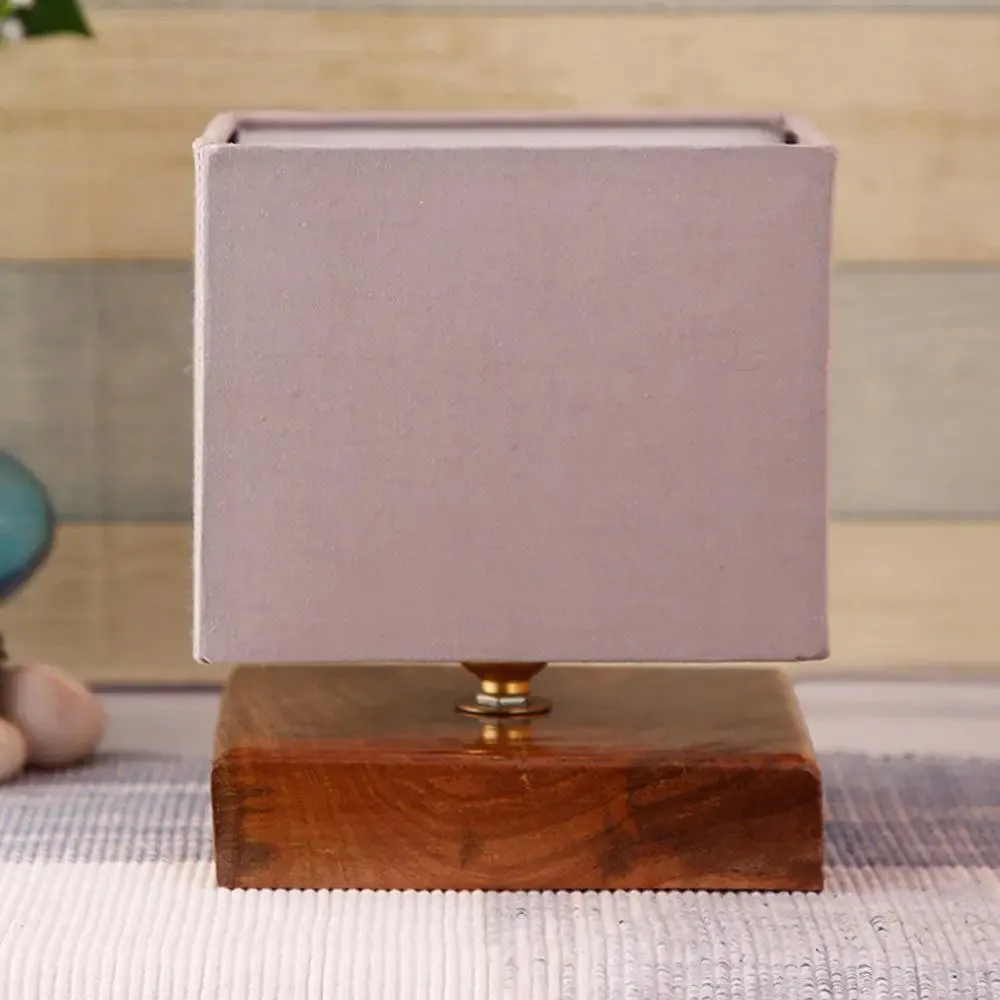 Square Grey Cotton Shade Table Lamp with Iron Wood Base Single Piece