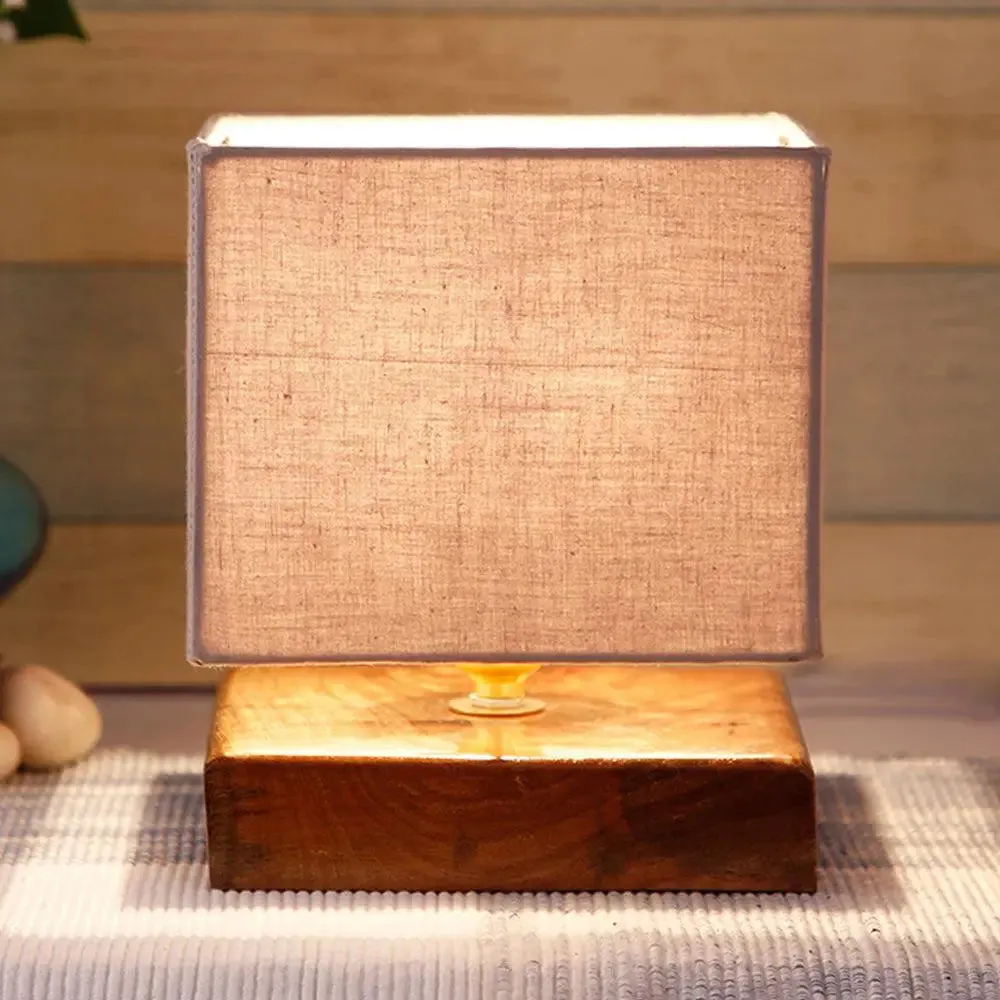 Square Grey Cotton Shade Table Lamp with Iron Wood Base Single Piece