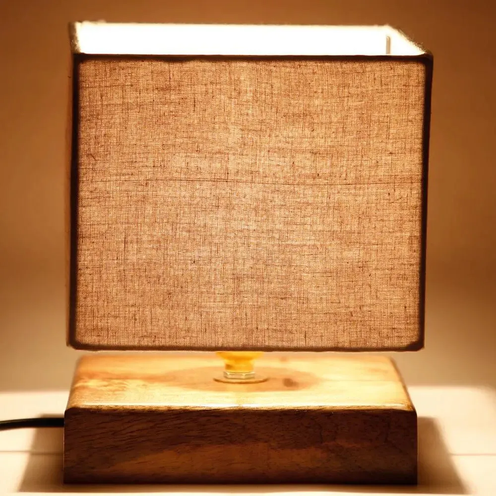 Square Grey Cotton Shade Table Lamp with Iron Wood Base Single Piece