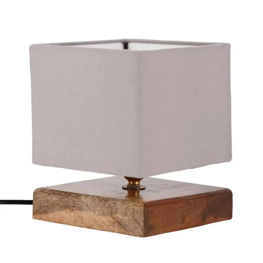 Square Grey Cotton Shade Table Lamp with Iron Wood Base Single Piece