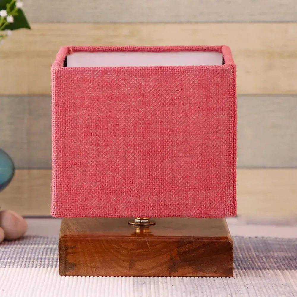 Square Maroon Jute Shade Table Lamp with Wood Base Single Piece