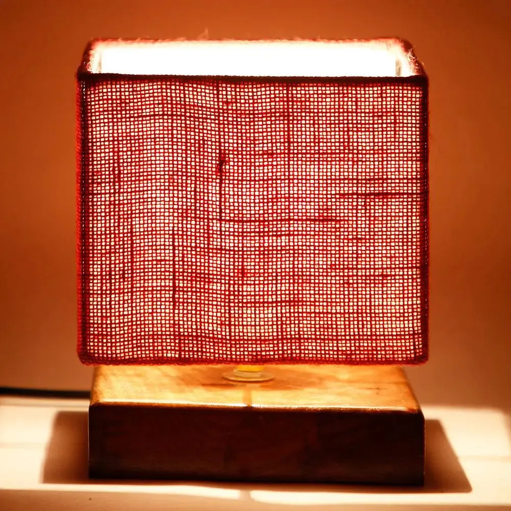 Square Maroon Jute Shade Table Lamp with Wood Base Single Piece