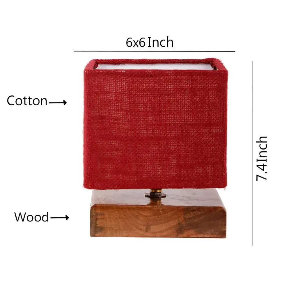 Square Maroon Jute Shade Table Lamp with Wood Base Single Piece